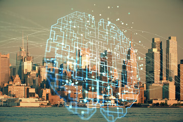Brain hologram drawing on cityscape background multi exposure. Ai in modern city concept.