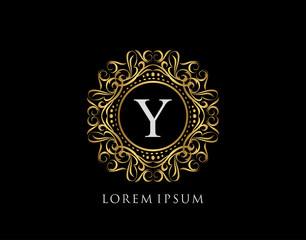 Calligraphic Badge with Letter Y Design. Ornamental luxury golden logo design vector illustration.
