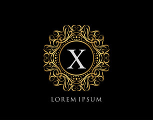 Calligraphic Badge with Letter X Design. Ornamental luxury golden logo design vector illustration.