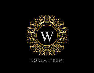 Calligraphic Badge with Letter W Design. Ornamental luxury golden logo design vector illustration.