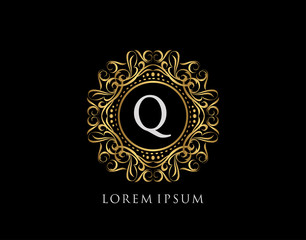 Calligraphic Badge with Letter Q Design. Ornamental luxury golden logo design vector illustration.