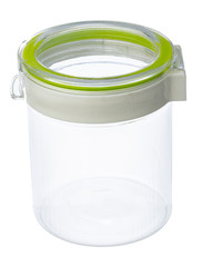 Empty plastic storage jar isolated on white