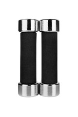 Two dumbbells on white background isolated close up, metal barbells with black arm set, pair of iron fitness bar-bells, sport equipment, bodybuilding concept, healthy lifestyle, gym training, nobody