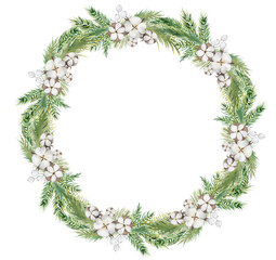 Watercolor Christmas wreath with branches, berries and cotton hand drawn illustration isolated