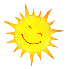 Sun cartoon watercolor. Children's illustration of the sun drawn by hand. isolated on a white background. Sunrise sunset.