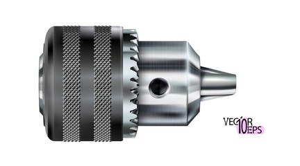 Modern steel realistic silverish or chrome drill chuck. Professional holder for drills bit, working tool isolated on white background. Vector illustration.