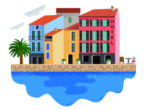 old european town flat style vector illustration. Mediterranean retro cityscape with hotel and restaurant