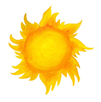Sun cartoon watercolor. Children's illustration of the sun drawn by hand. isolated on a white background. Sunrise sunset.