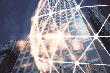 Double exposure of social network theme drawing and cityscape background. Concept of people connecton.