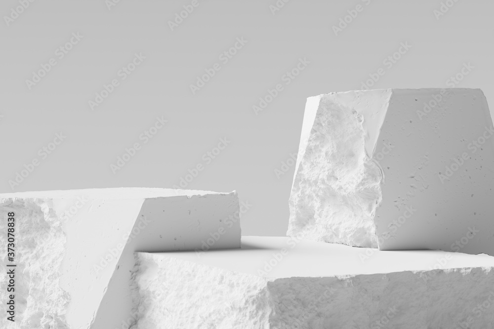 Poster white pieces of stone wall with broken textured edges, debris stone slabs for product display backgr
