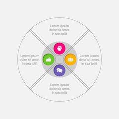 Vector infographic template, circle with 4 steps or options. Data presentation, business concept design for web, brochure, diagram.