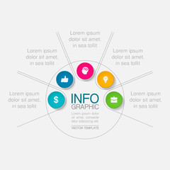 Vector infographic template, circle with 5 steps or options. Data presentation, business concept design for web, brochure, diagram.