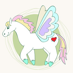 White pegasus on green abstract background. Vector illustration