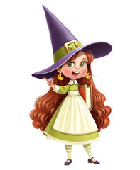 Cute cartoon little witch girl with big old grimoire in hand and shows aside isolated on a white background