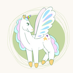 Unicorn with wings on green abstract background. Vector hand drawn illustration