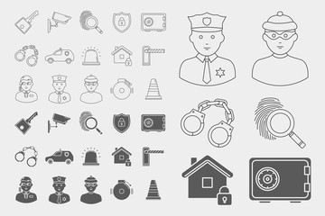 Security services Icons set - Vector outline symbols and silhouettes of key, lock, camera, padlock, door, building, signaling for the site or interface