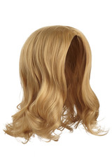 Naklejka premium Subject shot of a natural looking straw blonde wig without bangs. The shoulder-long wig with twisted strands is isolated on the white background. 