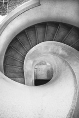 Spiral stairway top view in black and white color.