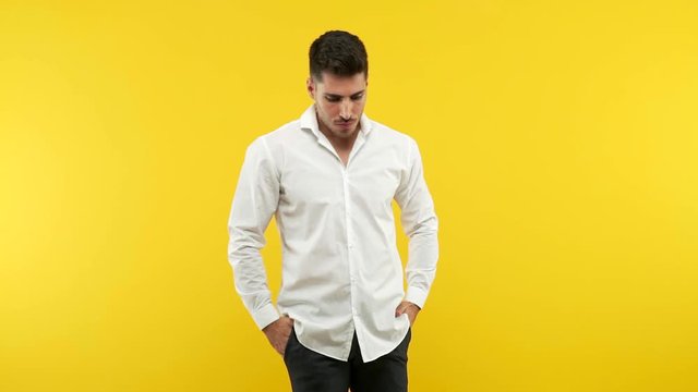 Young handsome man biting nails, nervous and very anxious and scared for the future, feels panic and stress