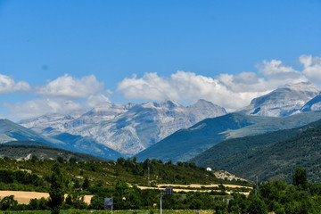 view of the alps, photo as a background , in ainsa sobrarbe , huesca aragon province