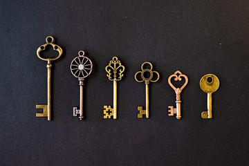 Many different old keys from different locks, in order in a line, flat lay.