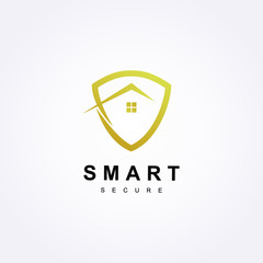 Smart secure home logo with golden shield icon. Real estate or building logo concept vector.
