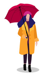 Bright vector illustration of a young fashionable woman or girl in an autumn coat, beret and with an umbrella isolated on a white background. Character in trendy flat cartoon style