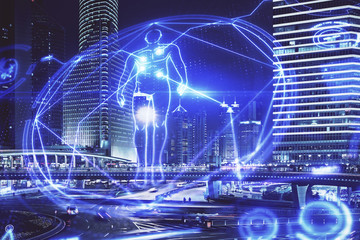 Double exposure of education theme drawing and cityscape background.