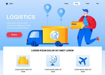 Logistics flat landing page. Courier holding cardboard box web page. Colorful composition with people character, vector illustration. Express delivery to door service, fast parcel shipping concept.