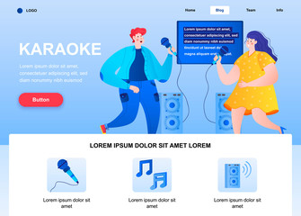 Karaoke flat landing page. Happy friends singing together with microphones web page. Colorful composition with people characters, vector illustration. Karaoke party, musical entertainment concept.