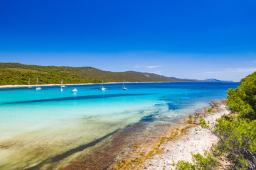 Fototapeta na wymiar Amazing coastline in Croatia. Turquoise lagoon on Sakarun beach on Dugi Otok island, yachts and sailboats anchored in blue sea. Adriatic paradise. Drone aerial.