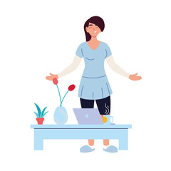 black hair woman cartoon with laptop on table vector design