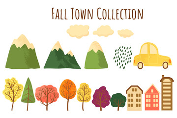 Autumn collection with trees, mountains, houses, car and clouds icons. Constructor set for colorful falls landscape concept in cartoons flat style. Vector illustration. Isolated on white.