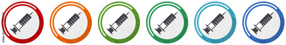 Poster Syringe, injection icon set, flat design vector illustration in 6 colors options for webdesign and mobile applications