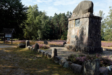 Hermann Loens Stein, Denkmal, Heideflaechen am Wietzer Berg, Mueden, Niedersachsen, Deutschland,...