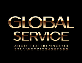 Fototapeta na wymiar Vector elite emblem Global Service. Gold Elegant Font. Premium shiny Alphbaet Letters and Numbers 