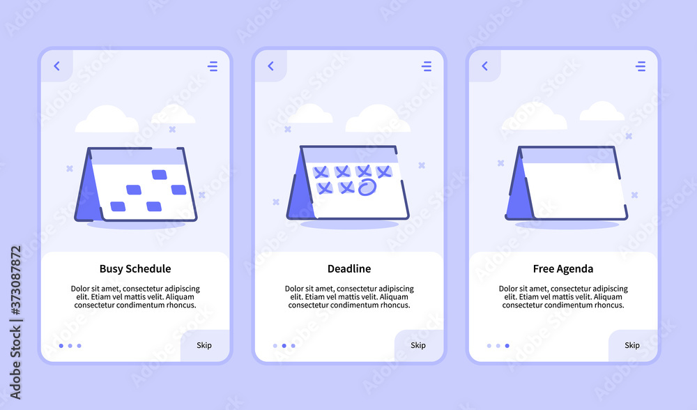 Poster busy schedule deadline free agenda onboarding screen for mobile apps template banner page ui with th