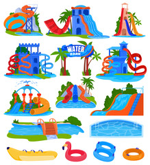 Water amusement park vector illustration set. Cartoon flat spiral plastic water slides and pipes with pool in aquapark, waterpark for fun summer outdoor activity, aqua attractions isolated on white