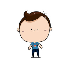 Character design: The man in blue shirt and indigo jeans have a big head is smiling