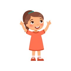 A little girl looks up and shows her fingers up. Cartoon character isolated on white background. Flat vector color illustration.