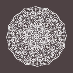 Vector lace doily, round print white line art on a dark background isolated. Embroidery, lace, print for fabric, beautiful delicate snowflake