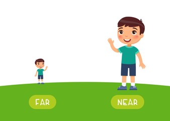 Far and near antonyms word card vector template. Opposites concept. Flashcard for english language learning. Little boy stands far on the horizon, a child is close..
