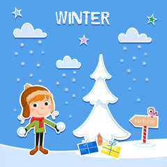 Winter time - Cute little boy and snowy day - Greeting card & poster design