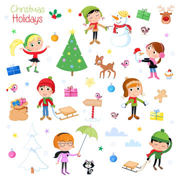 Christmas holidays - cute little kids and christmas elements isolated on the white background - decorative set
