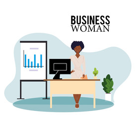 block businesswoman cartoon with computer on desk and infographic board vector design
