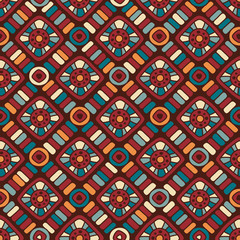 African tribal mosaic ethnic seamless pattern on brown background 