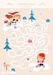 Adorable winter game suitable for preschool and school children - Find the way - Three little girls and ice skating path