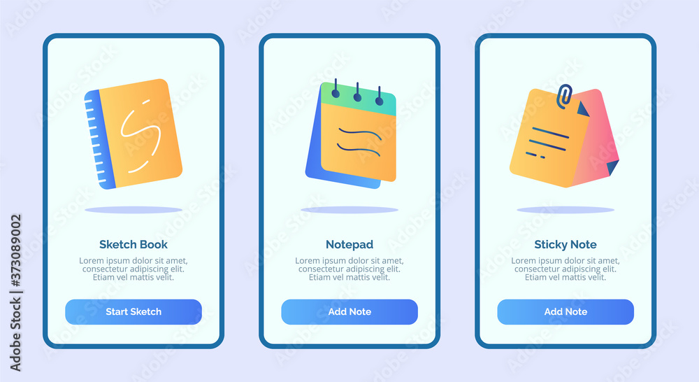 Poster sketch book notepad sticky note for mobile apps template banner page ui with three variations modern