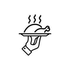Chiken on a tray line icon. Roasted poultry meat hot steaming dish. Christmas dinner concept. Vector on isolated white background. EPS 10