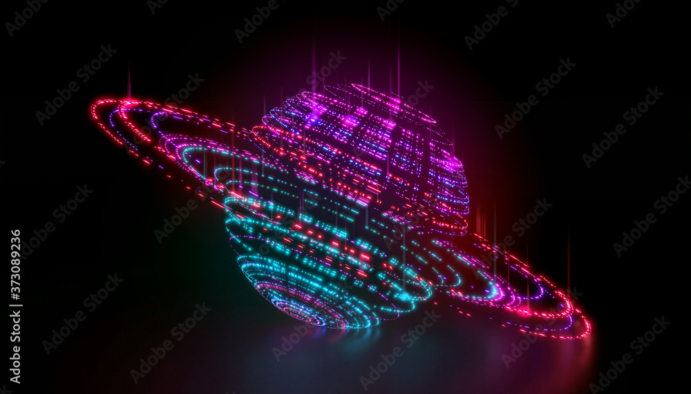 Poster abstract planet like shape with concentric light bands. 3d render / rendering.
